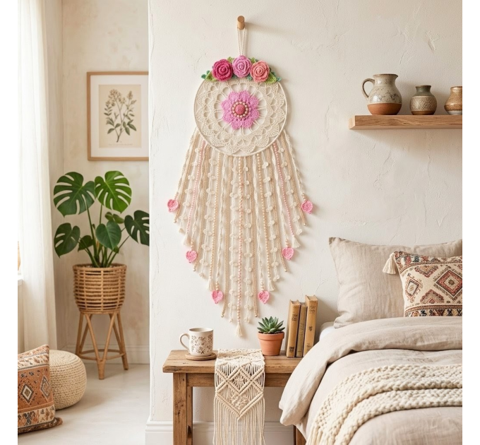 Crochet Dreamcatcher Pattern with Roses and Floral Wall Hanging Decor