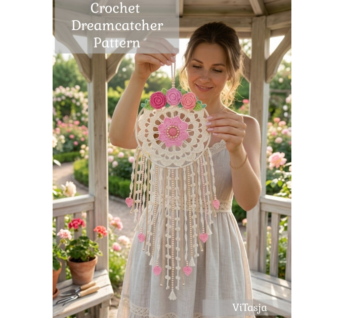 Crochet Dreamcatcher Pattern with Roses and Floral Wall Hanging Decor