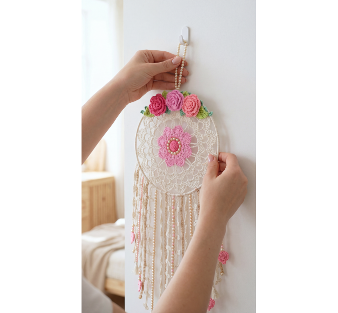 Crochet Dreamcatcher Pattern with Roses and Floral Wall Hanging Decor