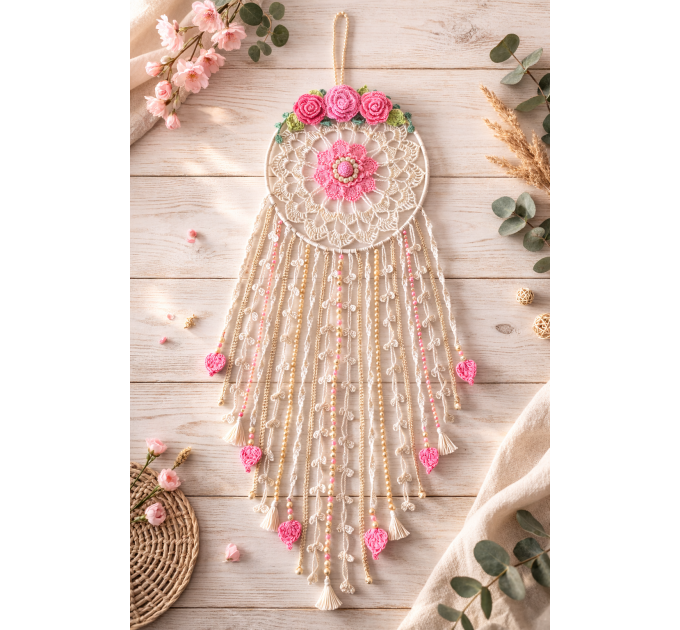Crochet Dreamcatcher Pattern with Roses and Floral Wall Hanging Decor
