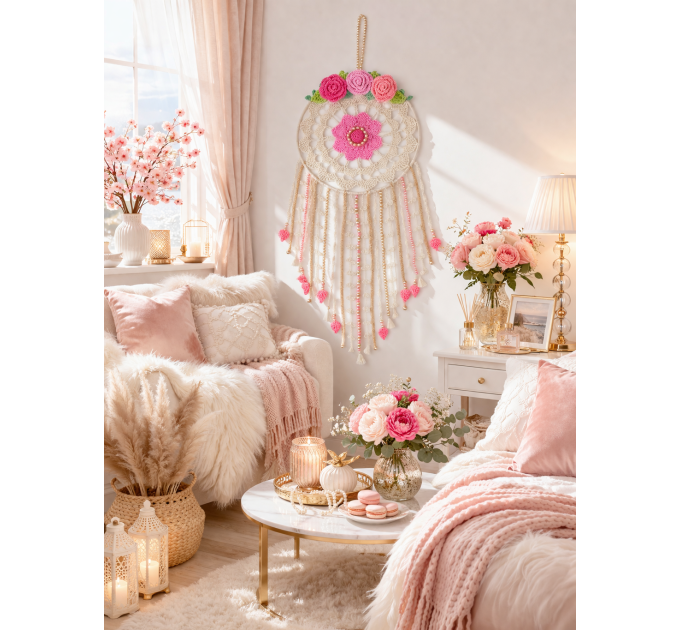 Crochet Dreamcatcher Pattern with Roses and Floral Wall Hanging Decor