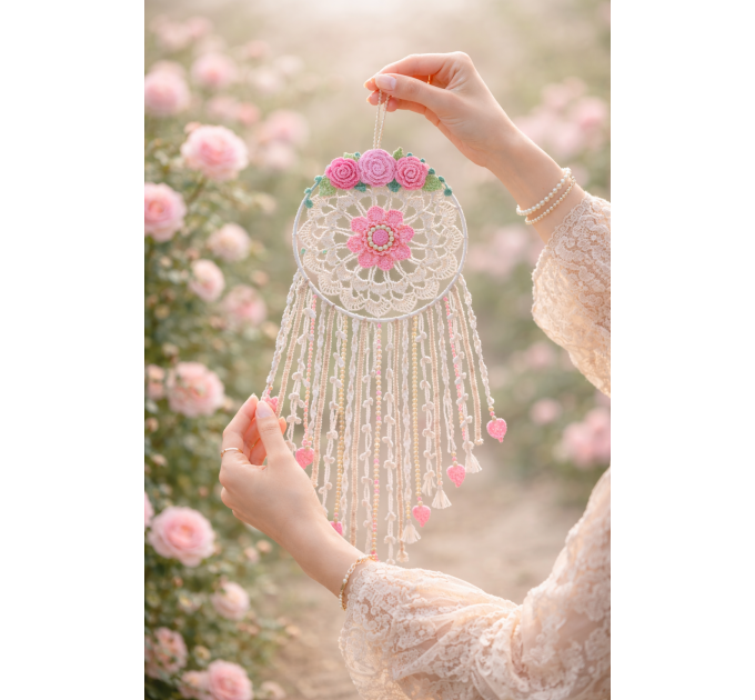 Crochet Dreamcatcher Pattern with Roses and Floral Wall Hanging Decor