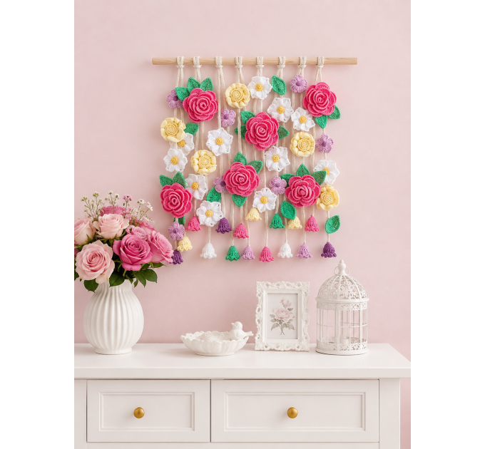 Crochet Flower Wall Hanging Pattern with Roses and Floral Garland