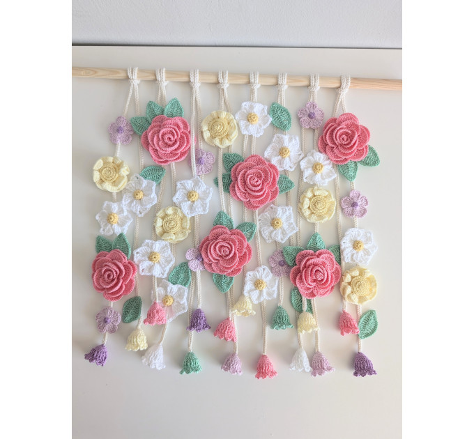 Crochet Flower Wall Hanging Pattern with Roses and Floral Garland