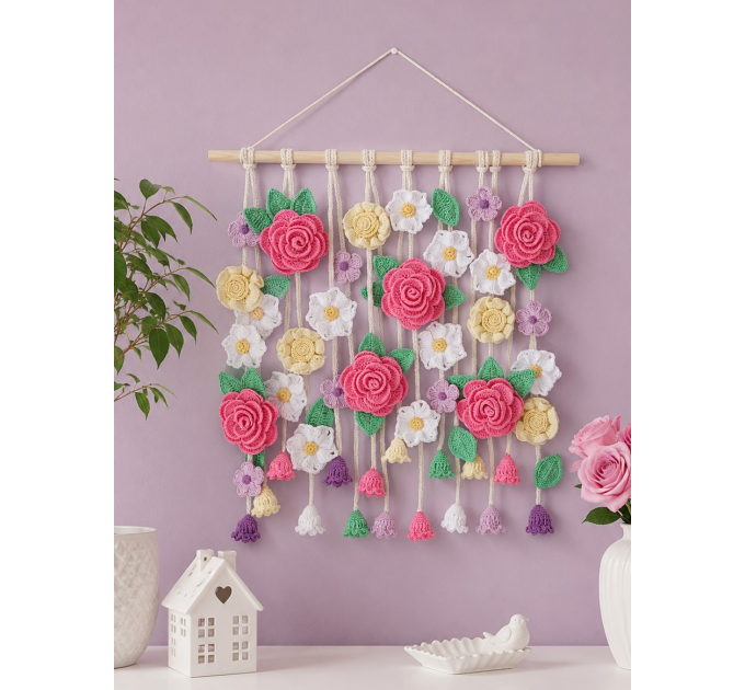 Crochet Flower Wall Hanging Pattern with Roses and Floral Garland