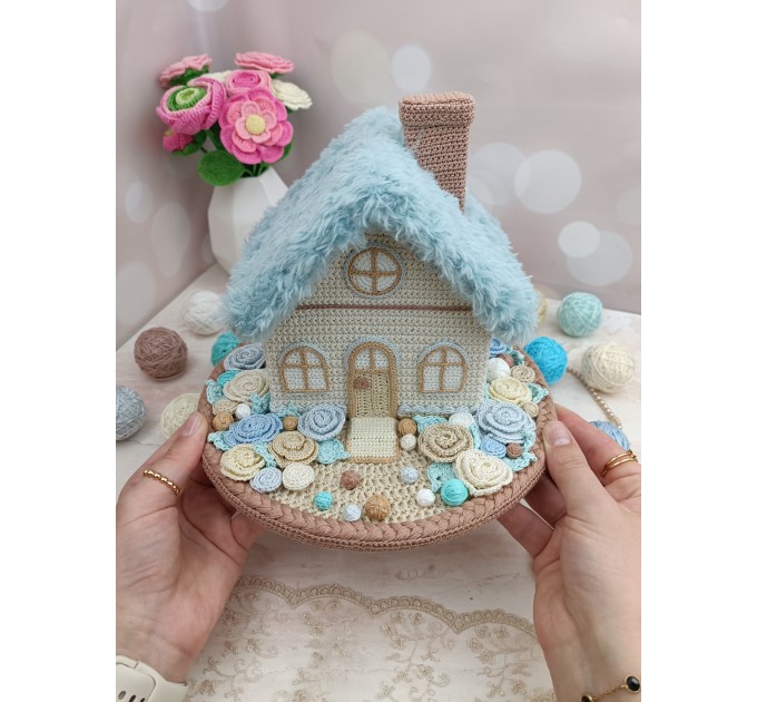 Handmade Crochet House with Blue Roof – Coastal Style Home Décor