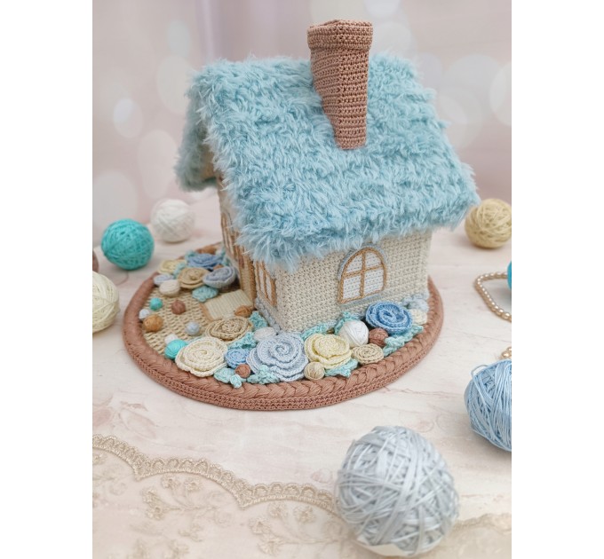 Handmade Crochet House with Blue Roof – Coastal Style Home Décor