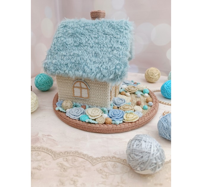 Handmade Crochet House with Blue Roof – Coastal Style Home Décor
