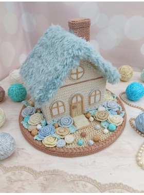  Handmade Crochet House with Blue Fluffy Roof – Dreamy Coastal-Inspired Décor