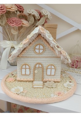 Elegant Crochet Cottage with Pearls – Handmade Beige Decor Elegant Crochet Cottage with Pearls – Handmade Beige Decor