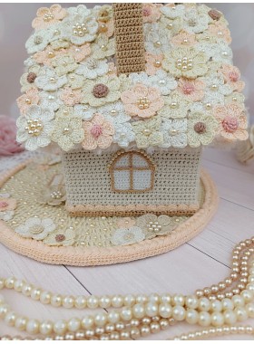 Elegant Crochet Cottage with Pearls – Handmade Beige Decor
