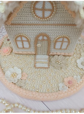 Elegant Crochet Cottage with Pearls – Handmade Beige Decor