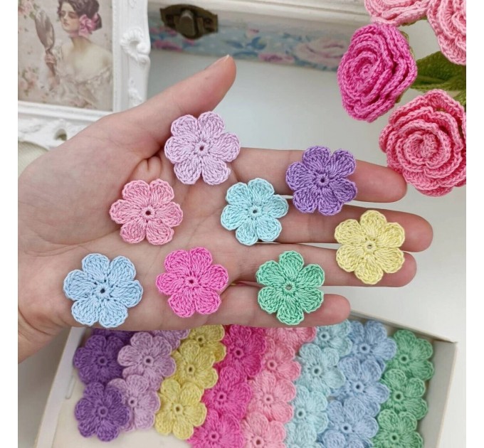 Crochet flowers 40pcs. Flowers for scrapbooking. Sewing flower embellishment. Making hair band. Colorful craft. Baby craft embellis.Applique