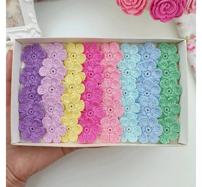 Crochet flowers 40pcs. Flowers for scrapbooking. Sewing flower embellishment. Making hair band. Colorful craft. Baby craft embellis.Applique