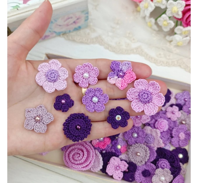 Set of crocheted flowers, 70pcs. Purple craft flowers. Flowers for scrapbooking. Sewing flower embellishment. Making hair band.