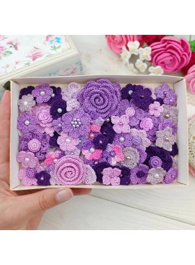 Set of crocheted flowers, 70pcs. Purple craft flowers. Flowers for scrapbooking. Sewing flower embellishment. Making hair band.