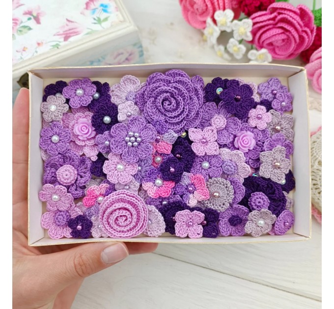 Set of crocheted flowers, 70pcs. Purple craft flowers. Flowers for scrapbooking. Sewing flower embellishment. Making hair band.