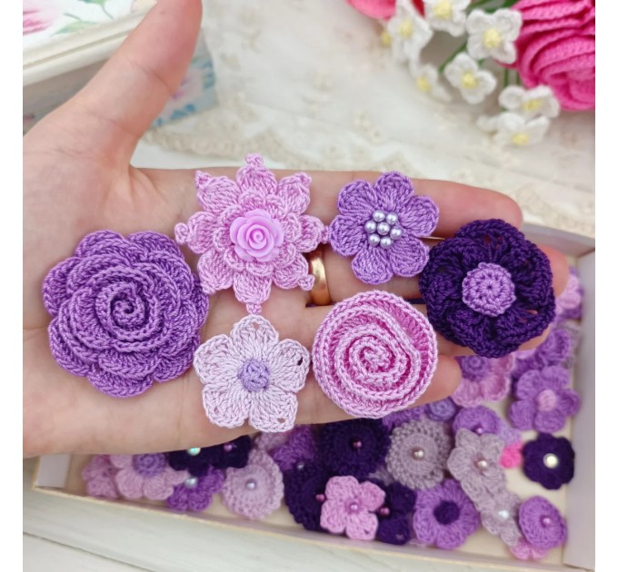 Set of crocheted flowers, 70pcs. Purple craft flowers. Flowers for scrapbooking. Sewing flower embellishment. Making hair band.