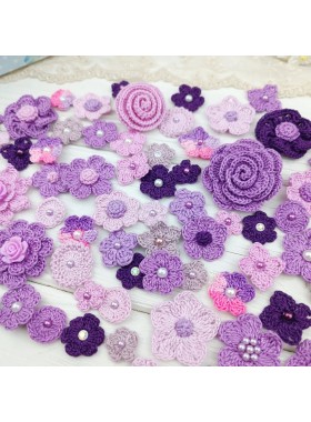 Set of crocheted flowers, 70pcs. Purple craft flowers. Flowers for scrapbooking. Sewing flower embellishment. Making hair band.