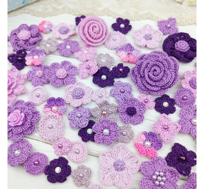 Set of crocheted flowers, 70pcs. Purple craft flowers. Flowers for scrapbooking. Sewing flower embellishment. Making hair band.