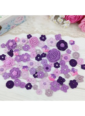 Set of crocheted flowers, 70pcs. Purple craft flowers. Flowers for scrapbooking. Sewing flower embellishment. Making hair band.