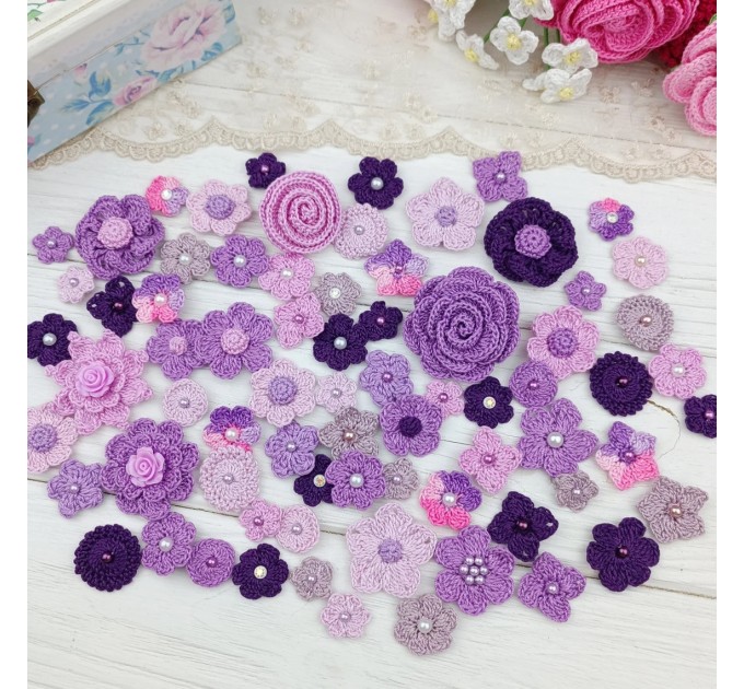 Set of crocheted flowers, 70pcs. Purple craft flowers. Flowers for scrapbooking. Sewing flower embellishment. Making hair band.