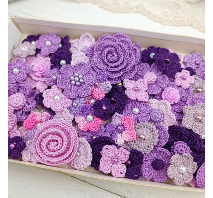 Set of crocheted flowers, 70pcs. Purple craft flowers. Flowers for scrapbooking. Sewing flower embellishment. Making hair band.