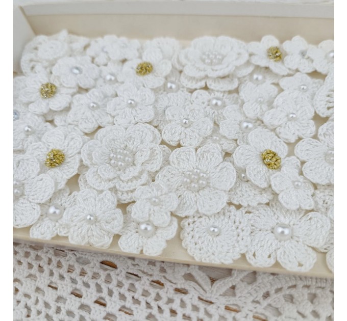 50pcs of miniature flowers. White flowers for craft. Applique. Scrapbooking. Pearl Embellishment. Wedding craft flowers.