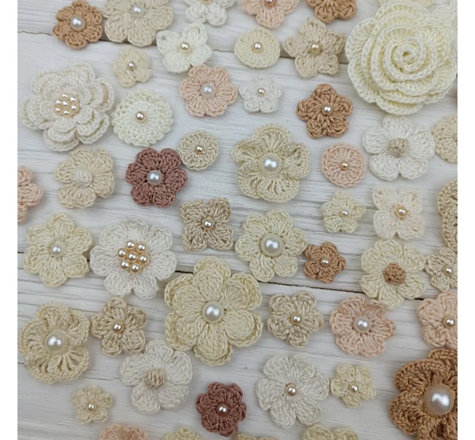 Mix crocheted flowers for craft,100 pcs/Sewing embellishment/Craft DIY flowers/Pearl flowers/Junk journal decor/Hairband flower/Scrapbooking