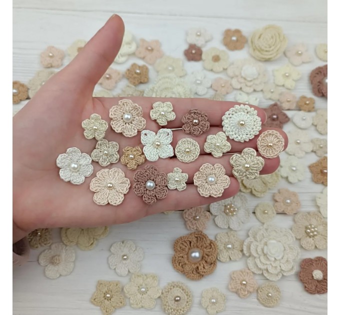 Mix crocheted flowers for craft,100 pcs/Sewing embellishment/Craft DIY flowers/Pearl flowers/Junk journal decor/Hairband flower/Scrapbooking