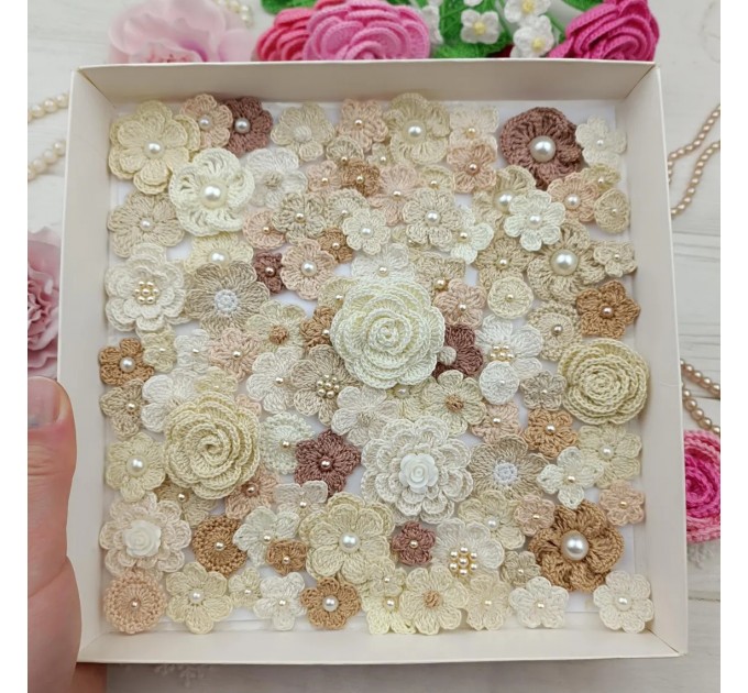 Mix crocheted flowers for craft,100 pcs/Sewing embellishment/Craft DIY flowers/Pearl flowers/Junk journal decor/Hairband flower/Scrapbooking