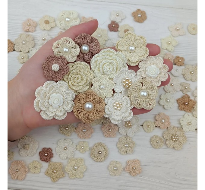 Mix crocheted flowers for craft,100 pcs/Sewing embellishment/Craft DIY flowers/Pearl flowers/Junk journal decor/Hairband flower/Scrapbooking