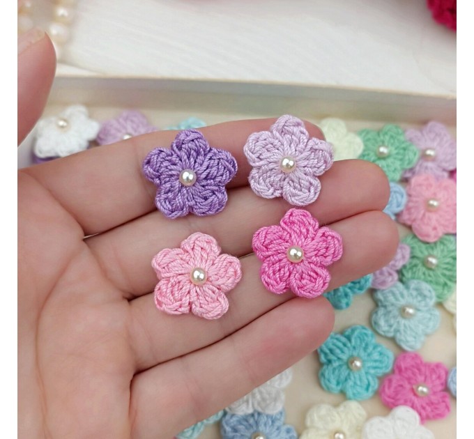 Mix crocheted flowers for craft projects, 50pcs. Scrapbooking. Sewing Pearl Embellishment. Hair Band Supplies. Miniature Applique.Baby craft