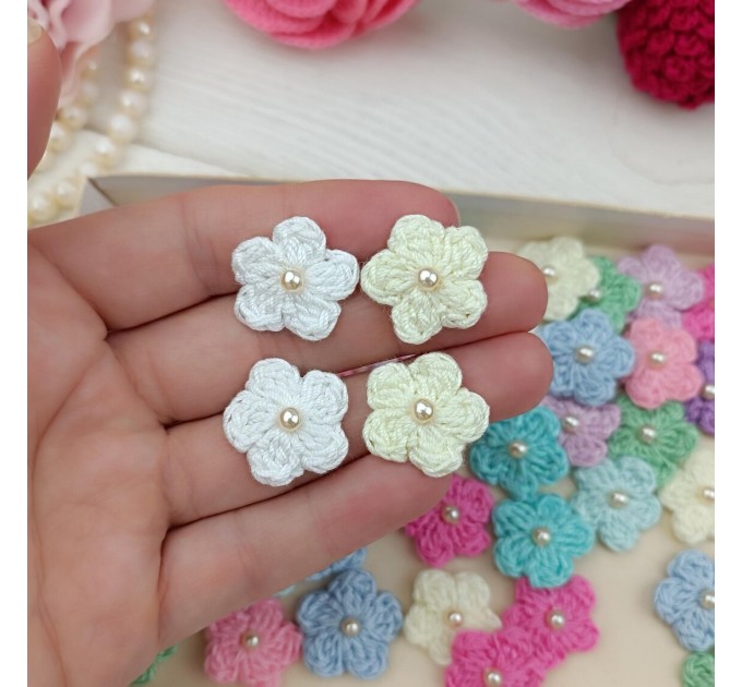 Mix crocheted flowers for craft projects, 50pcs. Scrapbooking. Sewing Pearl Embellishment. Hair Band Supplies. Miniature Applique.Baby craft