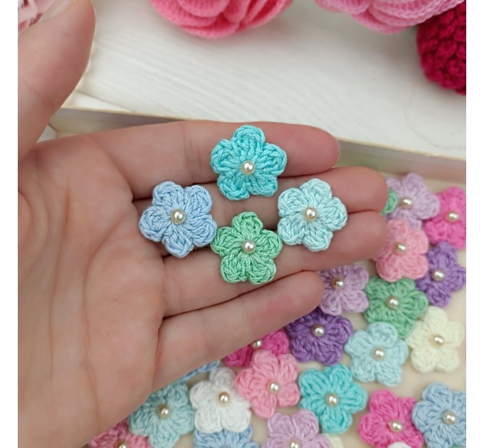 Mix crocheted flowers for craft projects, 50pcs. Scrapbooking. Sewing Pearl Embellishment. Hair Band Supplies. Miniature Applique.Baby craft