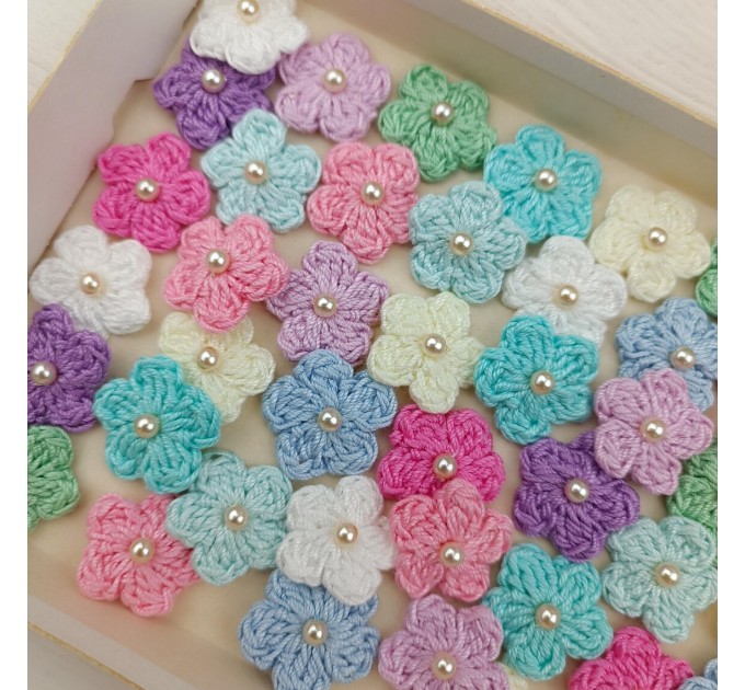 Mix crocheted flowers for craft projects, 50pcs. Scrapbooking. Sewing Pearl Embellishment. Hair Band Supplies. Miniature Applique.Baby craft