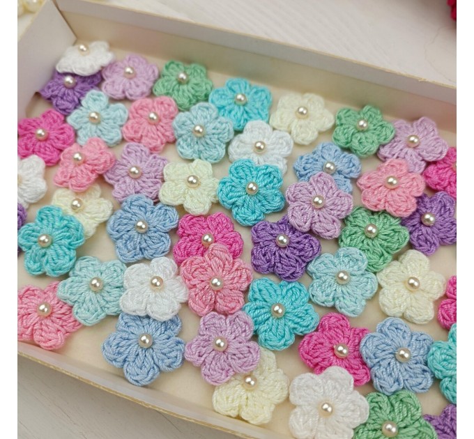 Mix crocheted flowers for craft projects, 50pcs. Scrapbooking. Sewing Pearl Embellishment. Hair Band Supplies. Miniature Applique.Baby craft